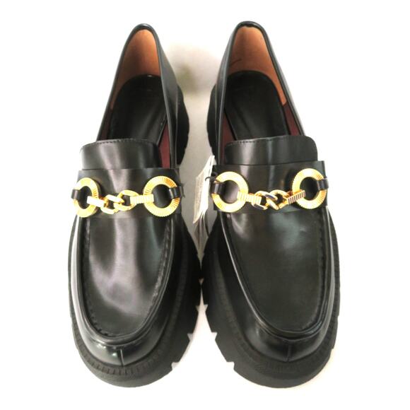 New ZARA Women's Black Chunky Lug Sole Loafers w/ Gold Ring Detail Sz 9 EU 40 - Picture 2 of 9